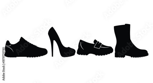 Various footwear styles displayed in a striking black silhouette