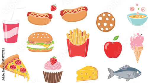 Fast food and snack icon set including burger, hotdog, pizza, fries, soda, ice cream, and dessert flat vector illustration collection