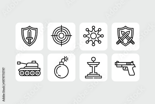 Set of modern line style icons for military weapons and defense systems