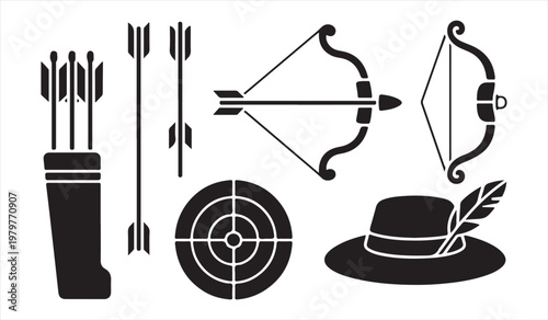 Archery icon set with bow arrows target and quiver minimal black silhouette symbols