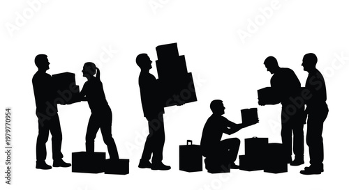 Workers carrying boxes and packages a dramatic black silhouette