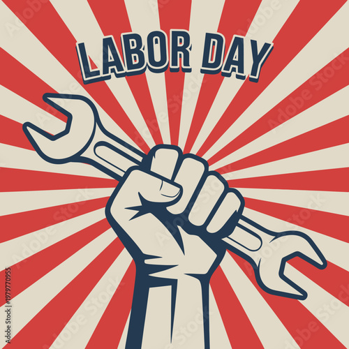 Labor Day celebration with hand holding wrench on red and white background