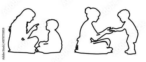 Black and White Outline Drawing of Mother and Child Interaction