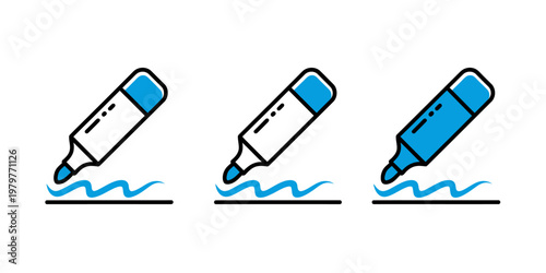 Three blue marker pens drawing wavy lines on white paper