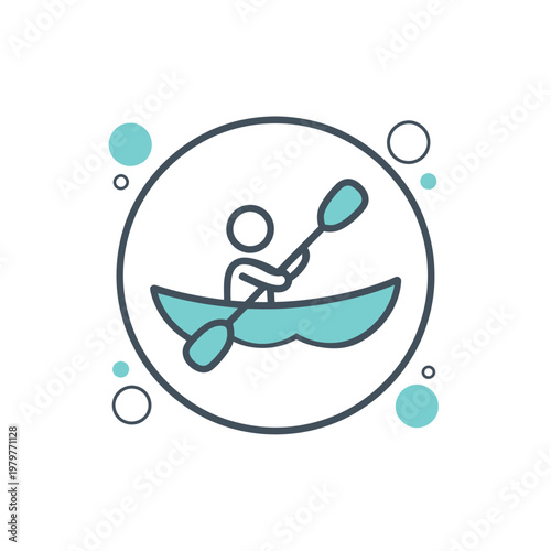 Kayaking icon with person paddling in a circle surrounded by bubbles