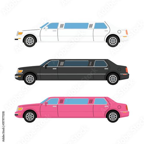 Colorful illustration of limousines in white black and pink  side view