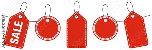 Red sale tags hanging on a string for discount labels  various blank shapes