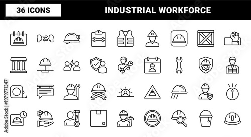 Labor force and construction worker minimalist outline icon set