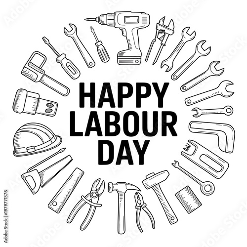Happy Labour Day with various tools and equipment for workers and technicians  celebration
