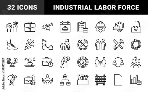 Industrial labor day and employment rights line icons set