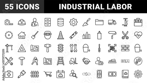 Minimalist labor and construction line icon set for industrial and engineering design