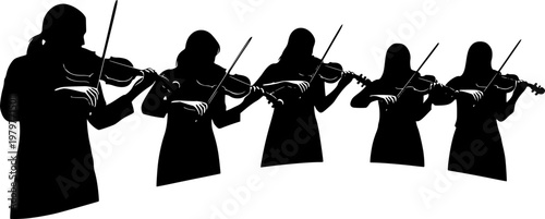 Silhouette vector illustration of musicians playing violins in orchestra performance, classical music concert group, string ensemble artwork for design and educational projects.