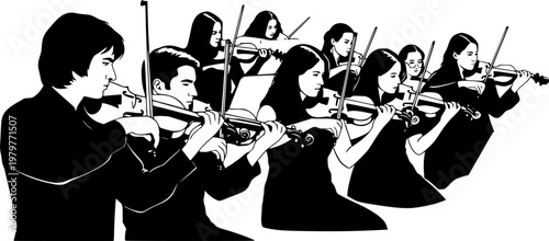 Silhouette vector illustration of musicians playing violins in orchestra performance, classical music concert group, string ensemble artwork for design and educational projects.