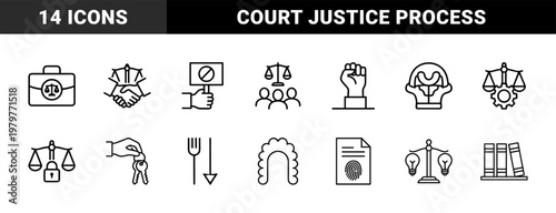 Legal and justice system line icons set with court and law symbols