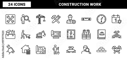 Labor and construction line icon set with tools and workers.