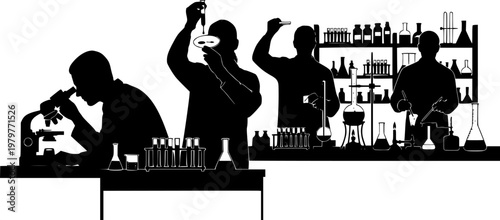 Silhouette vector illustration of scientists working in laboratory, researchers conducting experiments, analyzing samples, and using microscope for scientific research and innovation