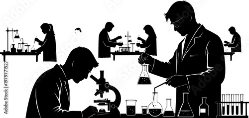 Silhouette vector illustration of scientists working in laboratory, researchers conducting experiments, analyzing samples, and using microscope for scientific research and innovation