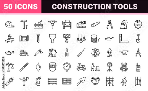 Minimalist construction and labor line icon set for industrial engineering and building projects