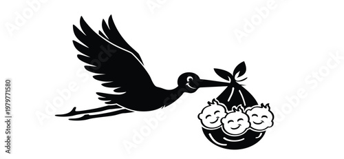 Newborn triplets. Flying stork brings a baby drawing. Stork holding a baby basket. Newborn baby girl or boy. cartoon bird. Stork flying in the sky. Stork carrying a baby silhouette. triplet babies, we