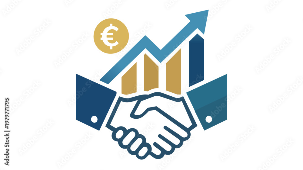 Obraz premium Professional corporate investment banking vector illustration featuring a handshake for partnership, an upward growth bar chart, and a Euro currency symbol for financial success and business.