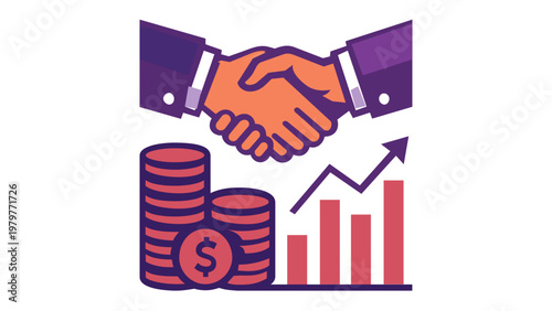Business partnership and financial growth vector illustration featuring a handshake between professionals above stacks of dollar coins and a rising bar graph with an upward arrow for success.