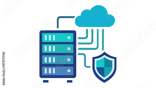 Corporate funding and secure cloud banking vector icon illustration featuring a data server rack connected to a cloud storage system and a protective shield for financial data security.
