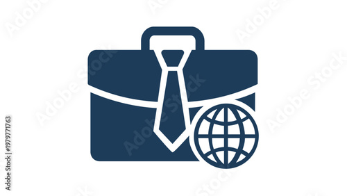 Professional corporate investment and global business vector icon illustration featuring a briefcase, necktie, and globe symbol for international finance, banking, and executive management.