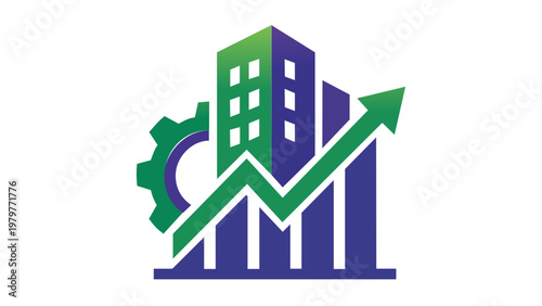 Corporate banking and financial growth vector illustration featuring a modern building icon with a rising arrow, bar chart, and gear symbol for industrial success and business progress.