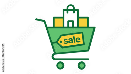 Flat minimalist vector icon illustration of a green shopping cart overflowing with a shopping bag and packages, featuring a prominent yellow sale tag, ideal for e-commerce, retail, and business.