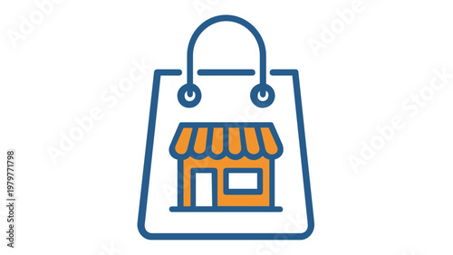Flat vector icon illustration of a shopping bag featuring a storefront symbol, representing retail commerce, local business, e-commerce marketplace, and merchant banking services.