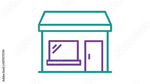 Vivid minimalist vector icon illustration of a modern bank building or storefront featuring a teal roof and purple door, ideal for corporate banking, retail business, and financial web design.