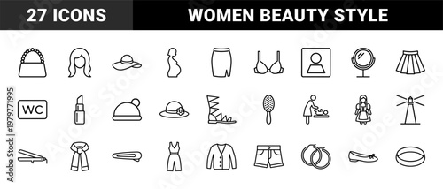 Minimalist female fashion and beauty outline icon set