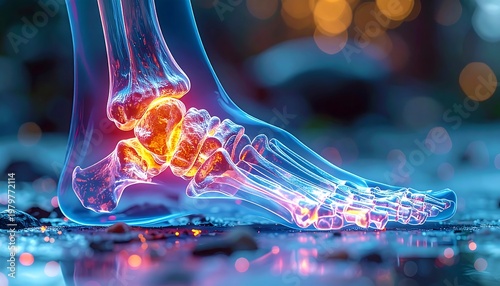 Ankle joints and bone anatomy highlighted by glowing blue and red hues on a textured background
