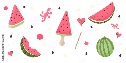 Watermelon Summer Clipart Set: Slices, Ice Cream, Hearts and Splashes, Vector Illustration Pack
