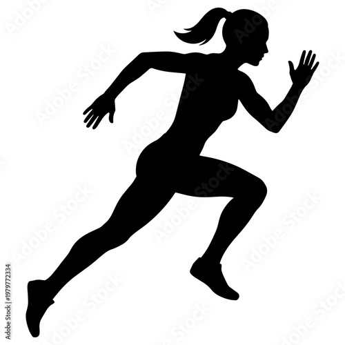 Athletic silhouette of a young woman runner in a black fitness pose, capturing the action of an athlete jogging and exercising in a vector illustration