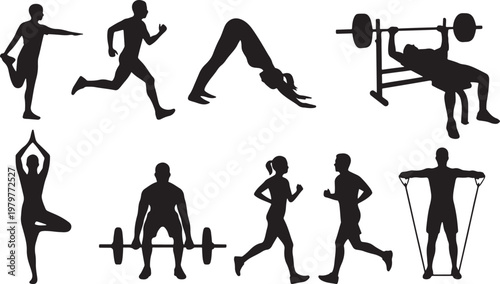 Fitness and exercise silhouettes a collection of dynamic workout poses