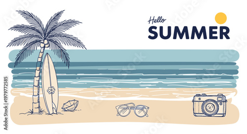 Summer beach scene, palm tree, surfboard, sunglasses, camera, Hello Summer text