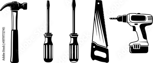 Black silhouette icons of various construction tools, including a hammer, screwdriver, saw, and drill, presented in a clean, minimalist graphic style
