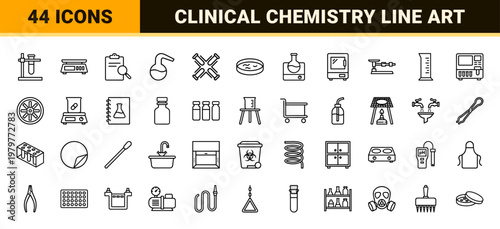 Science laboratory line icons with chemistry flasks and research equipment
