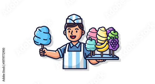 Happy Vendor Holding Blue Cotton Candy, Assorted Flavors Display