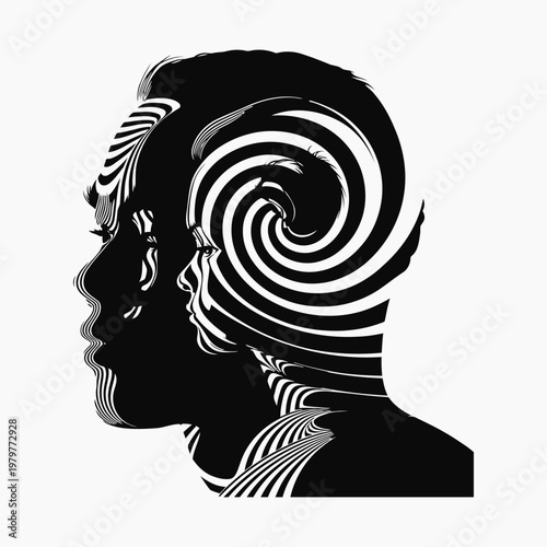 A black and white image of a person's head with a spiral design