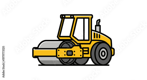 Yellow steamroller illustration on white background, construction vehicle, heavy machinery