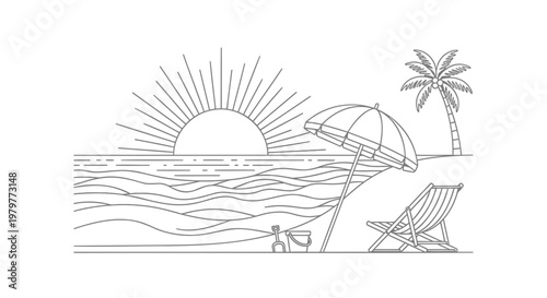 Beach scene, summer vacation, vector illustration, line art, tropical getaway