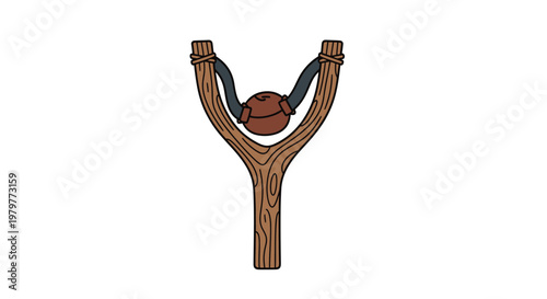 Wooden slingshot with brown projectile, isolated on white background, cartoon style.