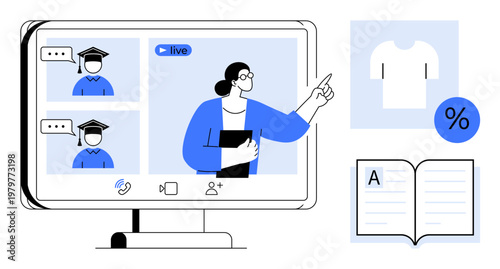 Remote education, e-commerce, virtual classes, online training, distance learning, live streaming. Teacher instructing students on screen with related symbols. Remote education and e-commerce concept