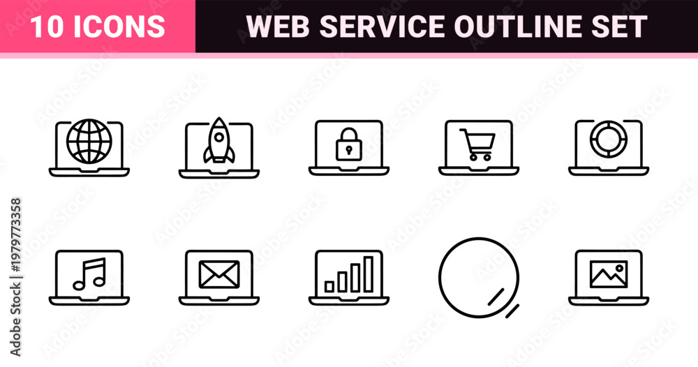 Fototapeta premium Minimalist laptop computer technology and web service outline icon set
