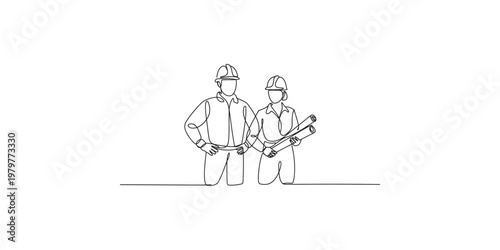 Two construction workers with hard hats and blueprints standing side by side engineering architecture teamwork