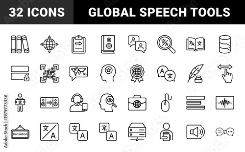 Global communication and translation line icon set