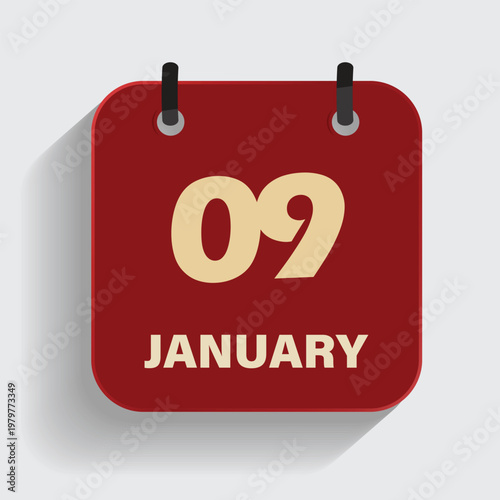 calendar icon showing ninth of january on red background for winter schedule and event planning