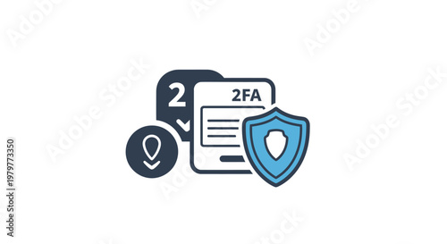 Two-Factor Authentication Icon: Security Shield, Document with 2FA, and Location Pin